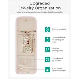 Travel jewelry organizer detail view showing internal zipper pockets, ring bands and necklace holders.