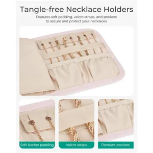 Travel portable jewelry roll organizer with soft leather padding and secure straps for necklaces.
