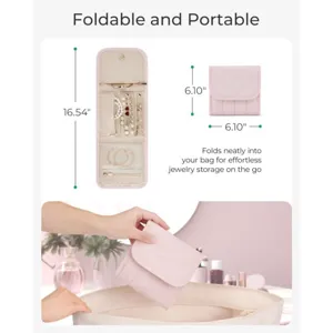 Foldable portable jewelry organizer roll travel storage bag for earrings rings necklaces.