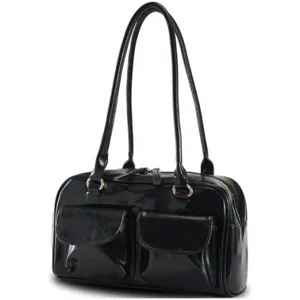 Black patent leather shoulder bag for women, casual double pocket underarm tote handbag.