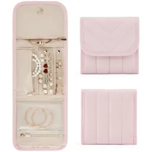 Pink travel jewelry organizer roll portable folding jewelry case for women earrings rings