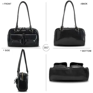 Black patent leather shoulder bag detail showing multi-angle views and dual front pockets.
