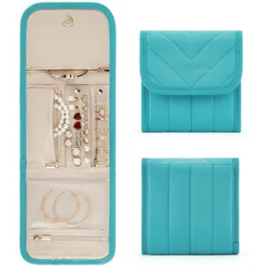 Turquoise travel jewelry organizer portable folding pouch roll case for rings and earrings