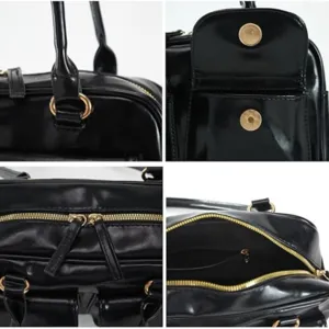 Black oil wax leather tote bag women large capacity shoulder handbag casual top handle bag