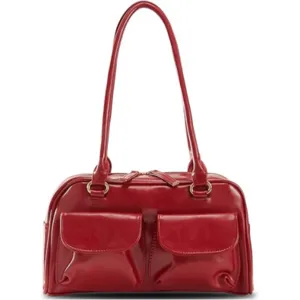 Red oil-wax leather shoulder bag for women, large capacity stylish tote with dual pockets.