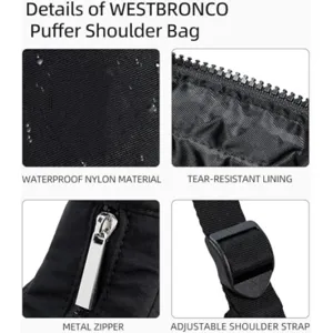 Close-up details of puffer shoulder bag, featuring waterproof nylon and adjustable strap.