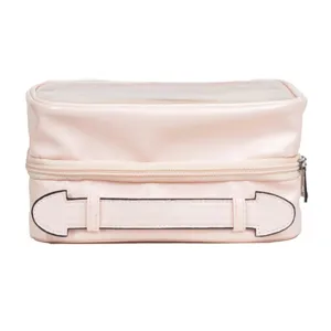 Large capacity travel cosmetic bag, pink leather waterproof makeup bag with handle.
