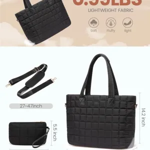 Detailed view of black quilted tote bag with adjustable strap and pouch, lightweight fabric.