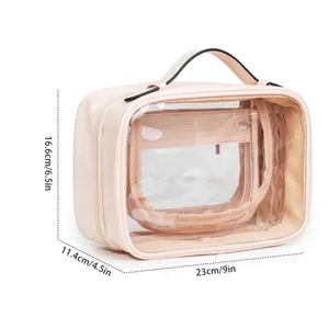 Large capacity travel cosmetic bag waterproof leather portable makeup organizer with clear window