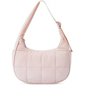 Close-up detail of light pink quilted nylon shoulder bag showing puffy texture and stitching.