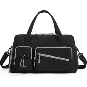 Black travel duffel bag with multi pockets, casual outdoor weekend overnight luggage bag.