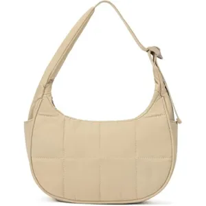 Close-up detail of the quilted nylon crescent shoulder bag, showing soft puffer texture.