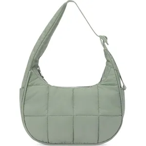 Close-up detail of the light green quilted nylon hobo shoulder bag with soft padding.