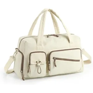 Beige multi-functional travel duffel bag with brown trim and multiple pockets for weekend trips.