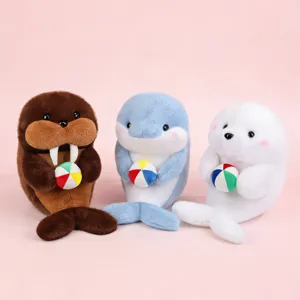 Cute plush animal toys holding balls, walrus dolphin seal dolls, soft children birthday gifts.