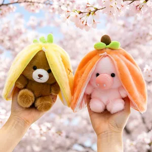 Cute fruit transform plush toy pendant, adorable bear and pig design, soft stuffed doll.