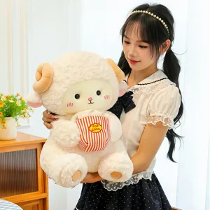 Cute sheep plush toy holding popcorn bucket, soft stuffed animal pillow for girls and kids.