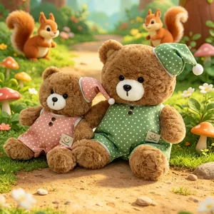 Cute pajama teddy bear plush toy detail shot, soft stuffed animal doll for kids gift