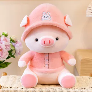Cute pink pig plush toy doll with rabbit hat, soft stuffed animal pillow for kids and girls.