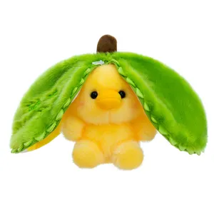 Cute transforming fruit yellow duck plush toy doll, soft stuffed animal pendant for kids.