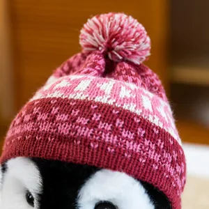 Cute winter penguin plush toy wearing a pink knit pom-pom hat, soft stuffed animal gift.