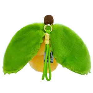 Cute fruit plush pendant with green leaf cover, soft stuffed toy bag charm keychain.
