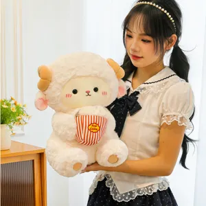 Cute sitting sheep plush toy with popcorn bucket soft stuffed animal doll pillow for birthday gifts