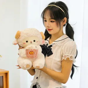 Cute plush sheep toy holding popcorn bucket soft stuffed animal doll for girls birthday gift