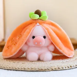 Cute transformable fruit pig plush toy, soft stuffed animal doll with zipper design.