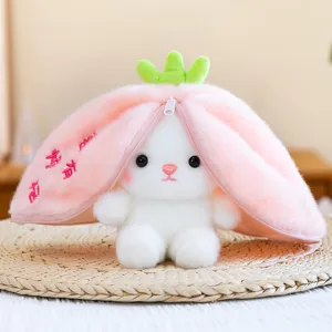 Cute transformable fruit rabbit plush toy close up detail showing soft pink cover and zipper.