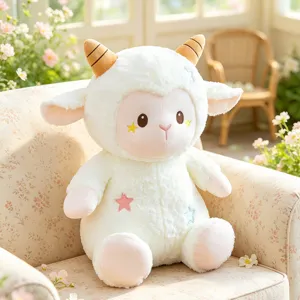 Close-up detail of cute white plush sheep toy with soft texture sitting on cozy floral sofa.