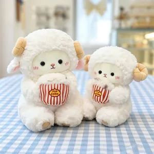 Cute plush sheep toy holding popcorn bucket soft stuffed animal doll cozy bedroom detail shot