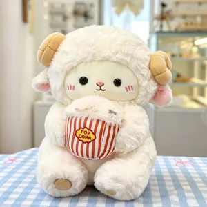 Cute sitting sheep plush toy holding popcorn bucket, soft hugging pillow, perfect gift for girls.