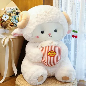 Cute plush sheep toy holding popcorn bucket soft stuffed animal doll gift for girls.