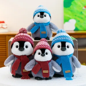 Cute Winter Penguin Plush Toy Stuffed Animal Doll with Knitted Hat and Scarf Soft Companion Toy Birthday Gift Home Decor