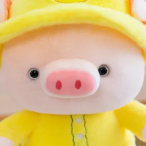 Cute plush pig toy detail shot showing soft yellow hat and lovely expression, perfect gift.
