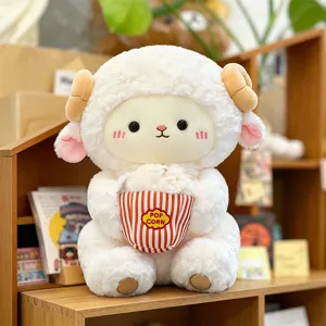 Cute sitting sheep plush toy detail, holding popcorn bucket, soft soothing doll gift for girls.