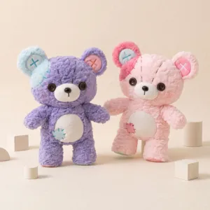 Cute button teddy bear plush toy pair with patch details soft stuffed doll for kids