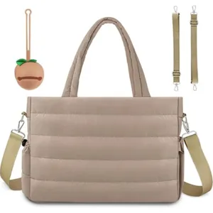 Large capacity quilted diaper mommy bag with pacifier holder and straps, beige, functional.