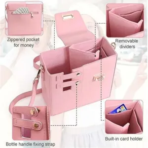 Vue détaillée du sac isotherme rose pour bouteille avec diviseurs amovibles et porte-cartes.