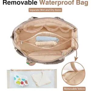 Detailed view of large capacity waterproof mommy bag with multiple compartments and wet dry separation.