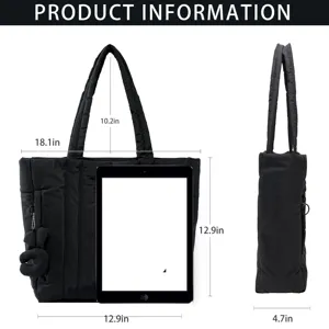 Black quilted puffer tote bag large capacity shoulder handbag with dimension specs details.