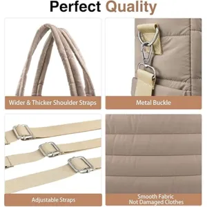Detailed view of quilted diaper bag shoulder strap, metal buckle, and smooth fabric material.