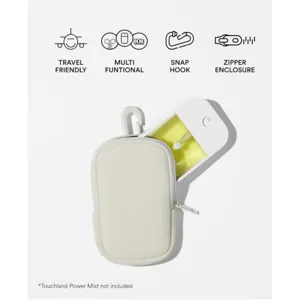 Portable beige zipper pouch with snap hook, ideal for holding mist sprays and small items.