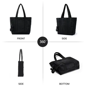Black quilted padded tote bag, large capacity shoulder commuting handbag with multi-angle view.