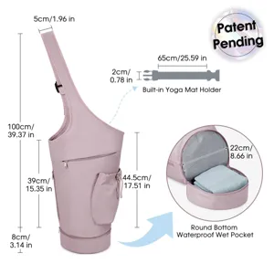 Yoga mat carrier bag detail showing waterproof wet pocket design and precise size measurements.