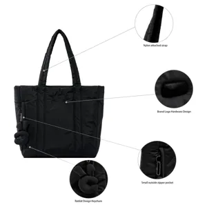 Black nylon puffer tote bag with shoulder strap, zipper pocket and cute rabbit keychain.