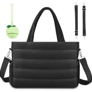 Black quilted diaper tote bag detail, featuring large capacity and cute silicone charm.