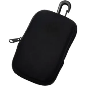 Close-up detail of black zipper utility pouch with durable metal carabiner hook for portable daily use.