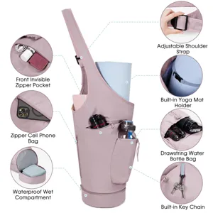 Multi-functional yoga mat carrier bag with wet compartment and multiple pockets for sports and gym.